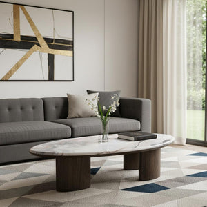 HomeRoots 47" Black and Walnut Coffee Table - Elegant Genuine Marble Top for Modern Living Room & Office Decor 716372