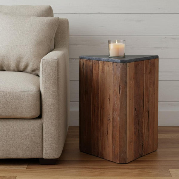 HomeRoots 19" Natural Distressed Reclaimed Wood Drum End Table - Artisan Crafted Rustic Charm for Any Space 716389