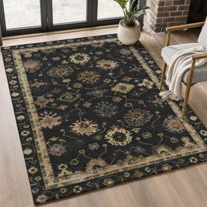 HomeRoots 8' Black and Gold Oriental Washable Round Rug - Durable, UV-Protected, Stylish for Busy Homes! 716392