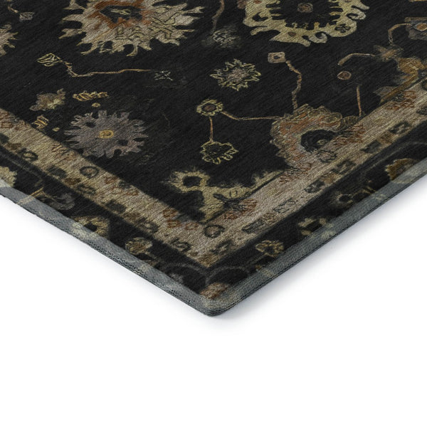 HomeRoots 8' Black and Gold Oriental Washable Round Rug - Durable, UV-Protected, Stylish for Busy Homes! 716392