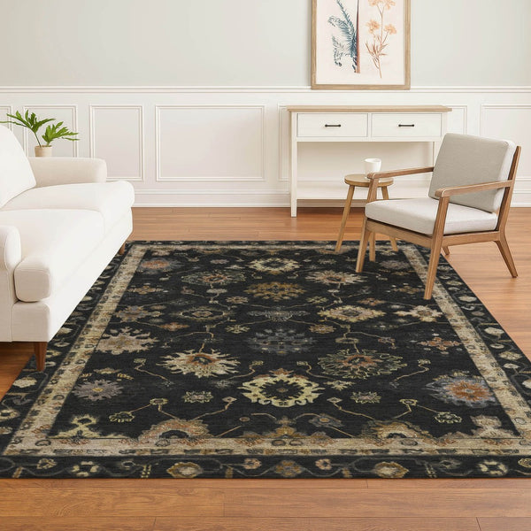 HomeRoots 8' Black and Gold Oriental Washable Round Rug - Durable, UV-Protected, Stylish for Busy Homes! 716392