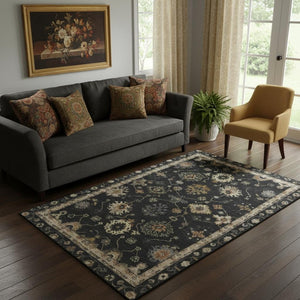 HomeRoots 8' Black and Gold Oriental Washable Round Rug - Durable, UV-Protected, Stylish for Busy Homes! 716392