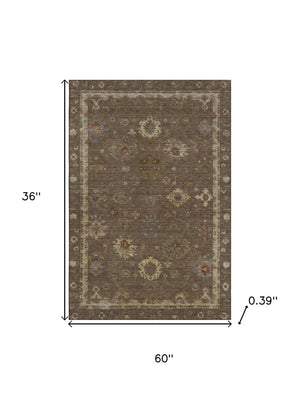 HomeRoots 5' x 8' Chocolate and Beige Oriental Area Rug - Washable, Stain-Resistant, UV Protected for Homes 716397