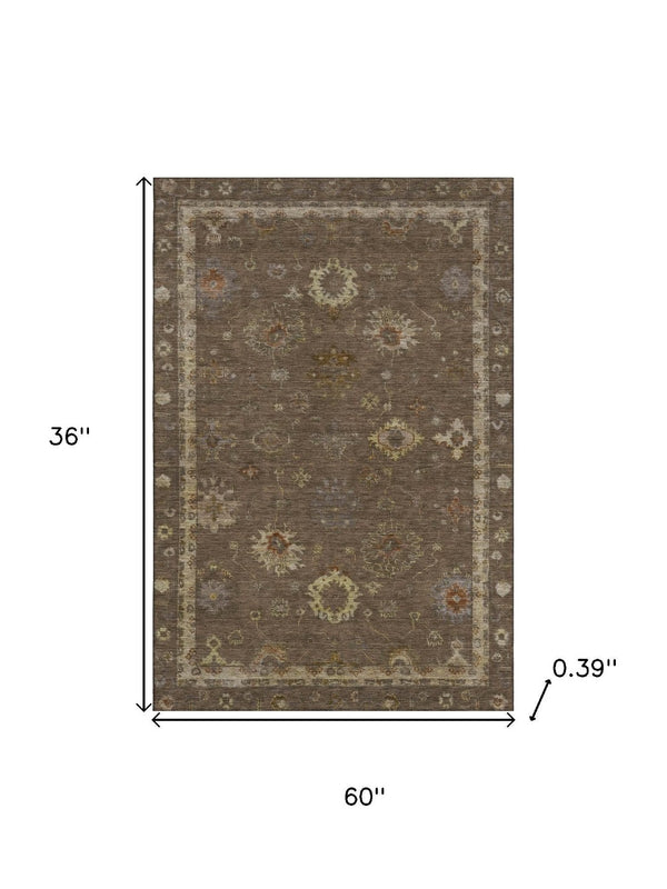 HomeRoots 5' x 8' Chocolate and Beige Oriental Area Rug - Washable, Stain-Resistant, UV Protected for Homes 716397