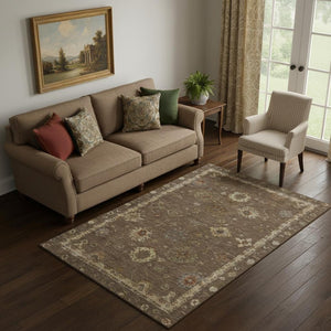 HomeRoots 8' Chocolate and Beige Oriental Washable Round Rug - Stain Resistant with UV Protection & Non-Slip 716398