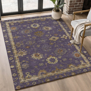 HomeRoots 8' Elegant Eggplant and Beige Oriental Round Rug - Washable, UV-Protected, Family-Friendly Decor 716404