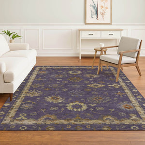 HomeRoots 8' Elegant Eggplant and Beige Oriental Round Rug - Washable, UV-Protected, Family-Friendly Decor 716404