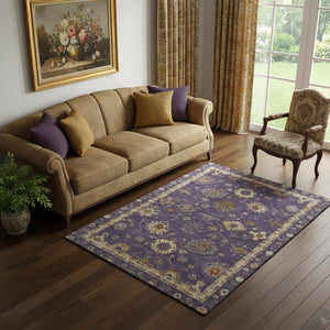 HomeRoots 8' Elegant Eggplant and Beige Oriental Round Rug - Washable, UV-Protected, Family-Friendly Decor 716404