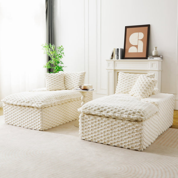 English Elm White Turtle Velvet Double Chaise Lounge - Plush Modular Sofa With Compressed Sponge & Pillows W3371S00038-GIGA