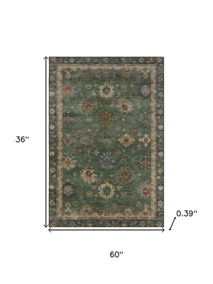 HomeRoots 5' X 8' Fern Green & Gold Oriental Area Rug - Washable, Stain Resistant, UV Protected for Homes 716409