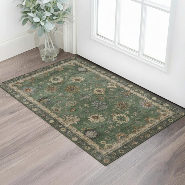 HomeRoots 5' X 8' Fern Green & Gold Oriental Area Rug - Washable, Stain Resistant, UV Protected for Homes 716409