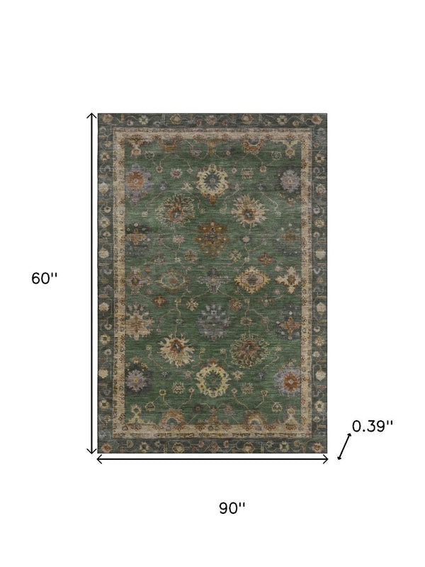 HomeRoots 8' Washable Fern Green and Gold Oriental Rug with UV Protection – Elegant, Stain-Resistant Design! 716410
