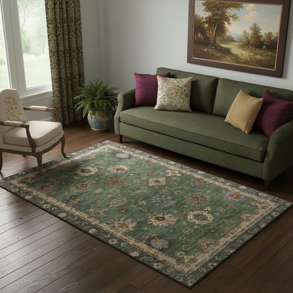 HomeRoots 8' Washable Fern Green and Gold Oriental Rug with UV Protection – Elegant, Stain-Resistant Design! 716410