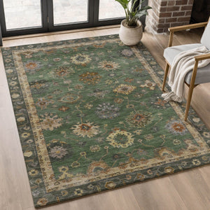 HomeRoots 9' X 12' Fern Green & Gold Oriental Area Rug – Washable, UV-Protected, Stain-Resistant Elegance! 716412