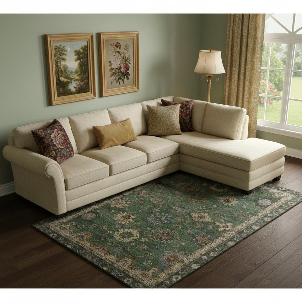 HomeRoots 9' X 12' Fern Green & Gold Oriental Area Rug – Washable, UV-Protected, Stain-Resistant Elegance! 716412
