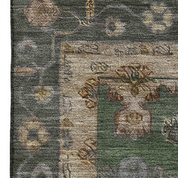 HomeRoots 10' X 14' Fern Green & Gold Oriental Area Rug - Washable, UV Protected, Stain Resistant Luxury Decor 716413