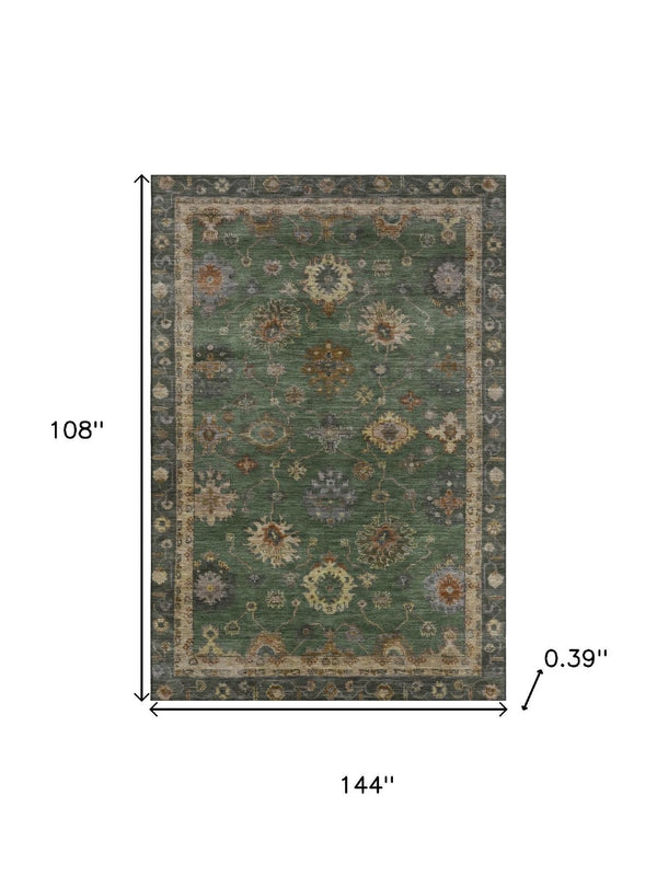 HomeRoots 10' X 14' Fern Green & Gold Oriental Area Rug - Washable, UV Protected, Stain Resistant Luxury Decor 716413