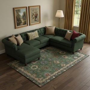 HomeRoots 10' X 14' Fern Green & Gold Oriental Area Rug - Washable, UV Protected, Stain Resistant Luxury Decor 716413