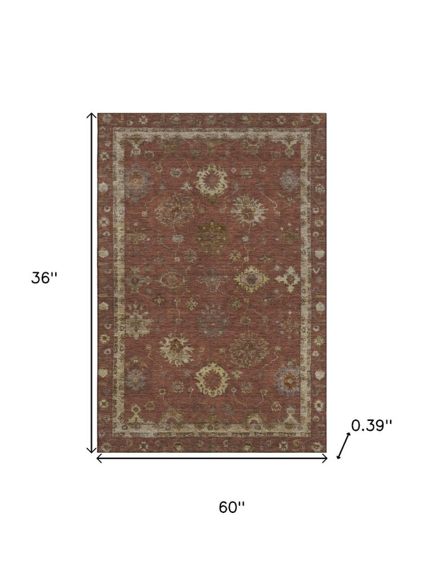 HomeRoots 5' X 8' Rust & Beige Oriental Area Rug - Washable, UV Protected, Durable for High-Traffic Spaces 716415