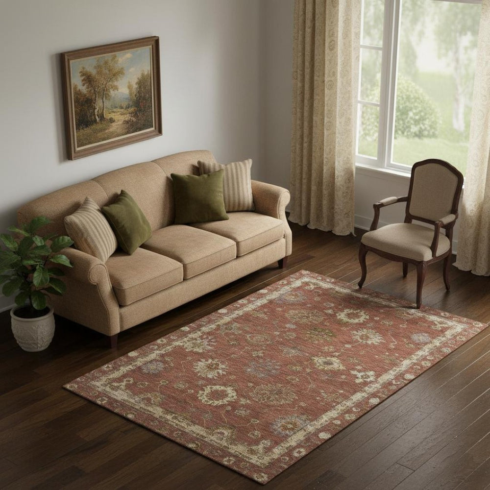 HomeRoots 8' Durable Washable Round Rug in Rust and Beige with UV Protection - Perfect for High-Traffic Areas! 716416