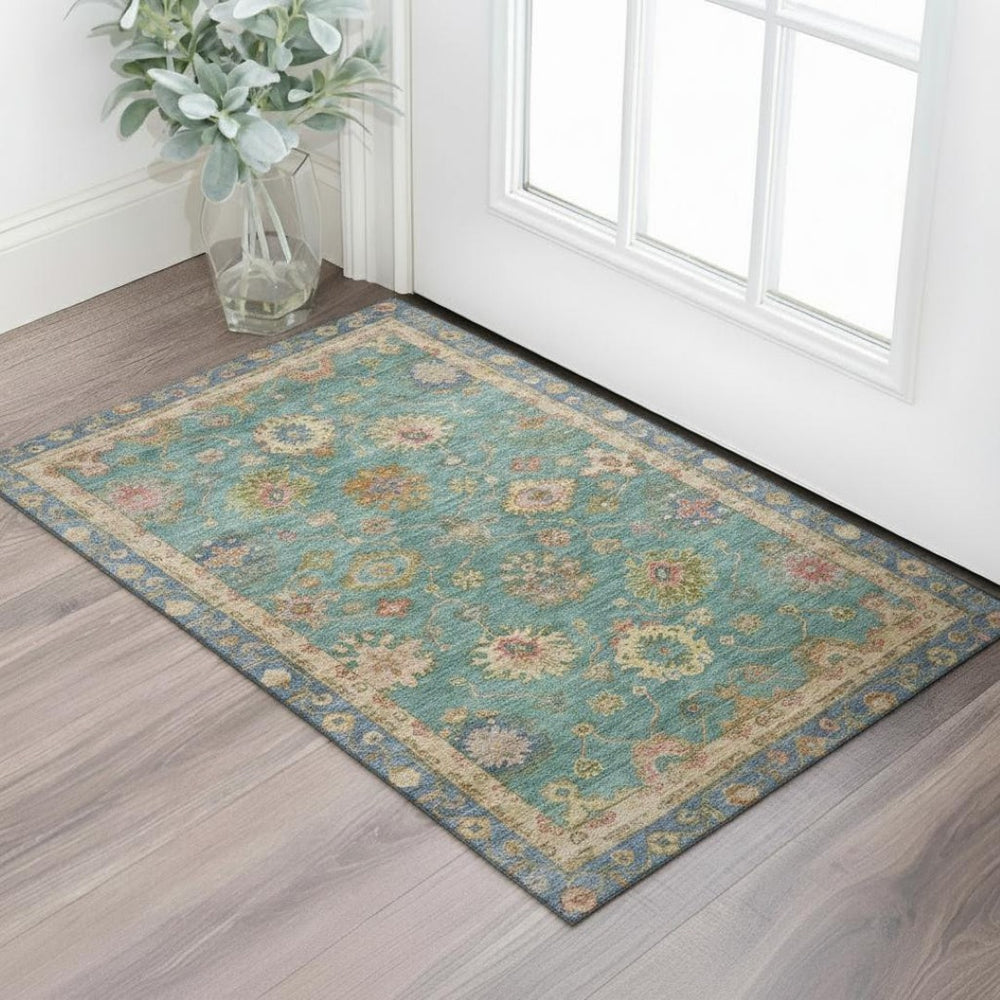 HomeRoots 5' X 8' Washable Teal & Blush Oriental Area Rug with UV Protection for High-Traffic Spaces & Durability 716421