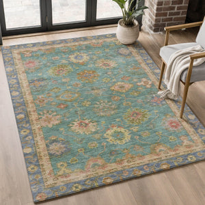 HomeRoots 8' Teal and Blush Oriental Round Rug - Stylish, Washable, UV-Protected, Perfect for Busy Homes! 716422