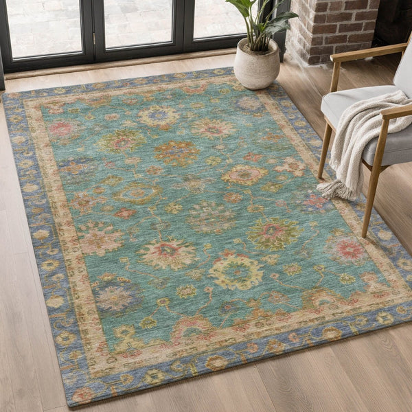 HomeRoots 8' Teal and Blush Oriental Round Rug - Stylish, Washable, UV-Protected, Perfect for Busy Homes! 716422