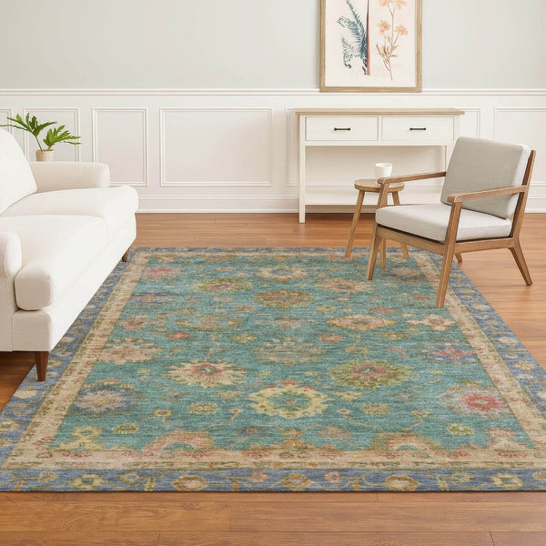 HomeRoots 8' Teal and Blush Oriental Round Rug - Stylish, Washable, UV-Protected, Perfect for Busy Homes! 716422