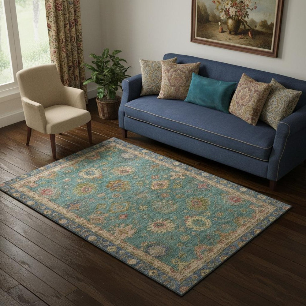 HomeRoots 8' Teal and Blush Oriental Round Rug - Stylish, Washable, UV-Protected, Perfect for Busy Homes! 716422