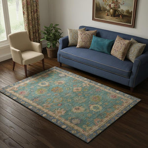 HomeRoots 8' Teal and Blush Oriental Round Rug - Stylish, Washable, UV-Protected, Perfect for Busy Homes! 716422
