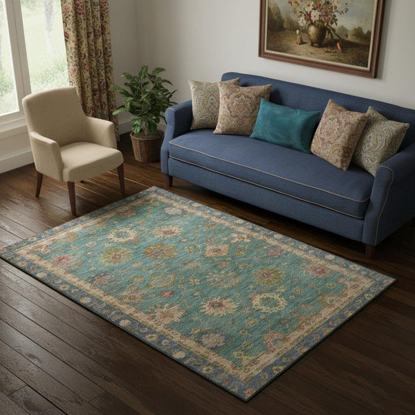 HomeRoots 8' Teal and Blush Oriental Round Rug - Stylish, Washable, UV-Protected, Perfect for Busy Homes! 716422