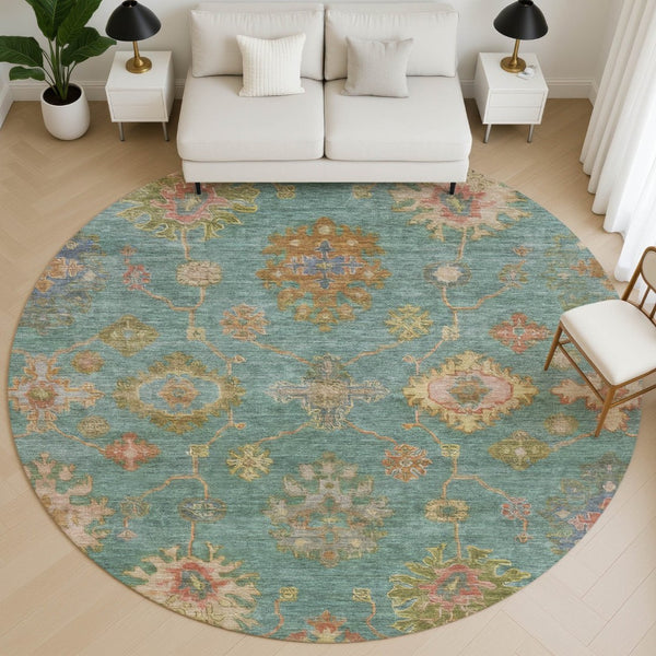 HomeRoots 8' X 10' Elegant Teal and Blush Oriental Washable Area Rug with UV Protection for Modern Homes 716423
