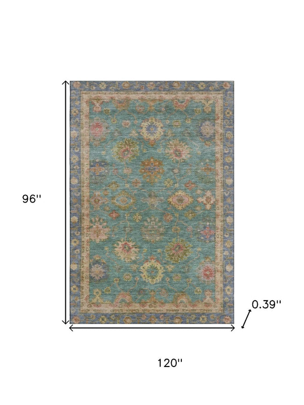 HomeRoots 9' X 12' Teal & Blush Oriental Washable Area Rug - UV Protected, Stain Resistant, Family Friendly Decor 716424