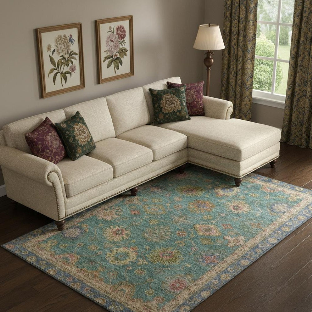 HomeRoots 10' X 14' Teal and Blush Oriental Area Rug – Washable, Stain Resistant, UV Protected for Lasting Beauty 716425