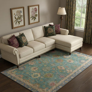 HomeRoots 10' X 14' Teal and Blush Oriental Area Rug – Washable, Stain Resistant, UV Protected for Lasting Beauty 716425