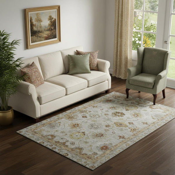 HomeRoots 8' Luxurious Taupe and Beige Oriental Washable Round Rug with UV Protection for Everyday Living 716428