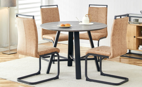 English Elm Table Modern Minimalist 5-Piece Dining Set - 42" Round Gray Mdf Table & 4 Brown Fabric Chairs W1151S03022-GIGA