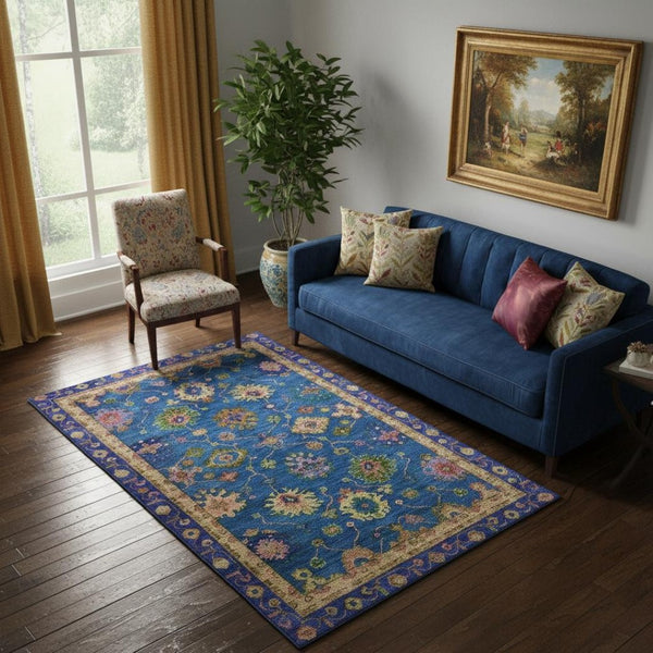 HomeRoots 8' Blue and Green Oriental Washable Round Rug - Stain Resistant, UV Protected, Non-Slip Backing 716434