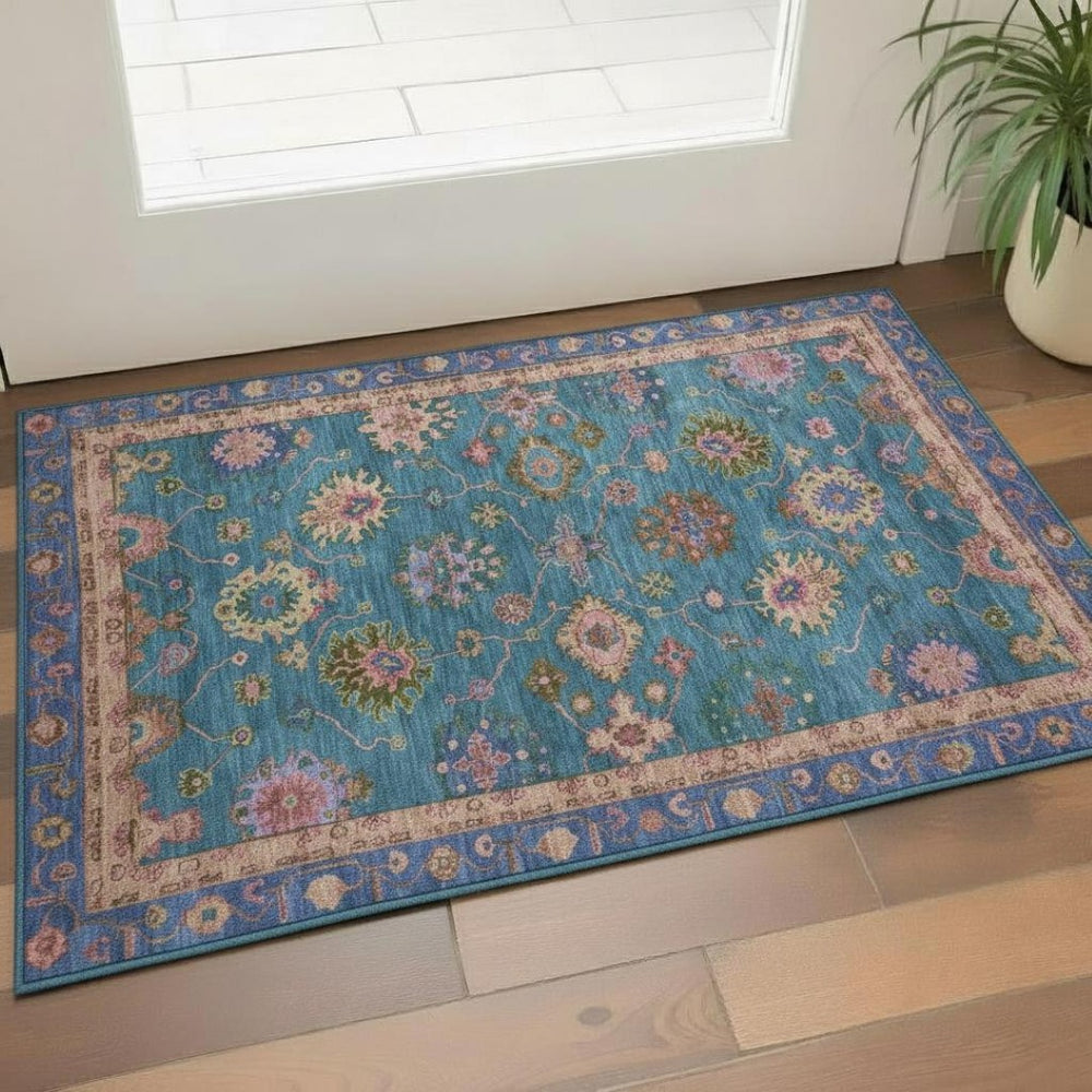 HomeRoots 5' X 8' Teal and Blush Oriental Area Rug - Washable, Stain-Resistant, UV Protected, Non-Slip Design! 716439
