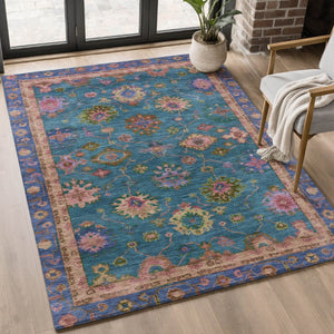 HomeRoots 8' Teal and Blush Oriental Washable Round Rug - Durable, UV-Protected, Perfect for Busy Homes! 716440
