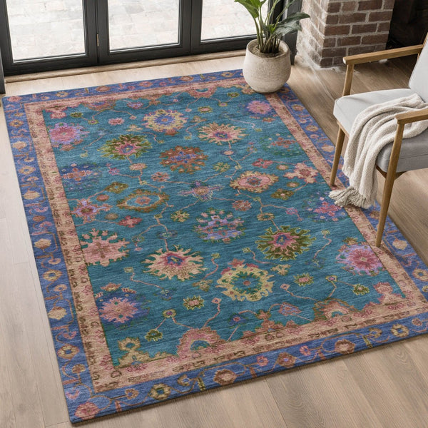 HomeRoots 8' Teal and Blush Oriental Washable Round Rug - Durable, UV-Protected, Perfect for Busy Homes! 716440