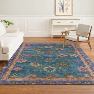 HomeRoots 8' Teal and Blush Oriental Washable Round Rug - Durable, UV-Protected, Perfect for Busy Homes! 716440