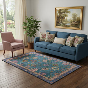 HomeRoots 8' Teal and Blush Oriental Washable Round Rug - Durable, UV-Protected, Perfect for Busy Homes! 716440