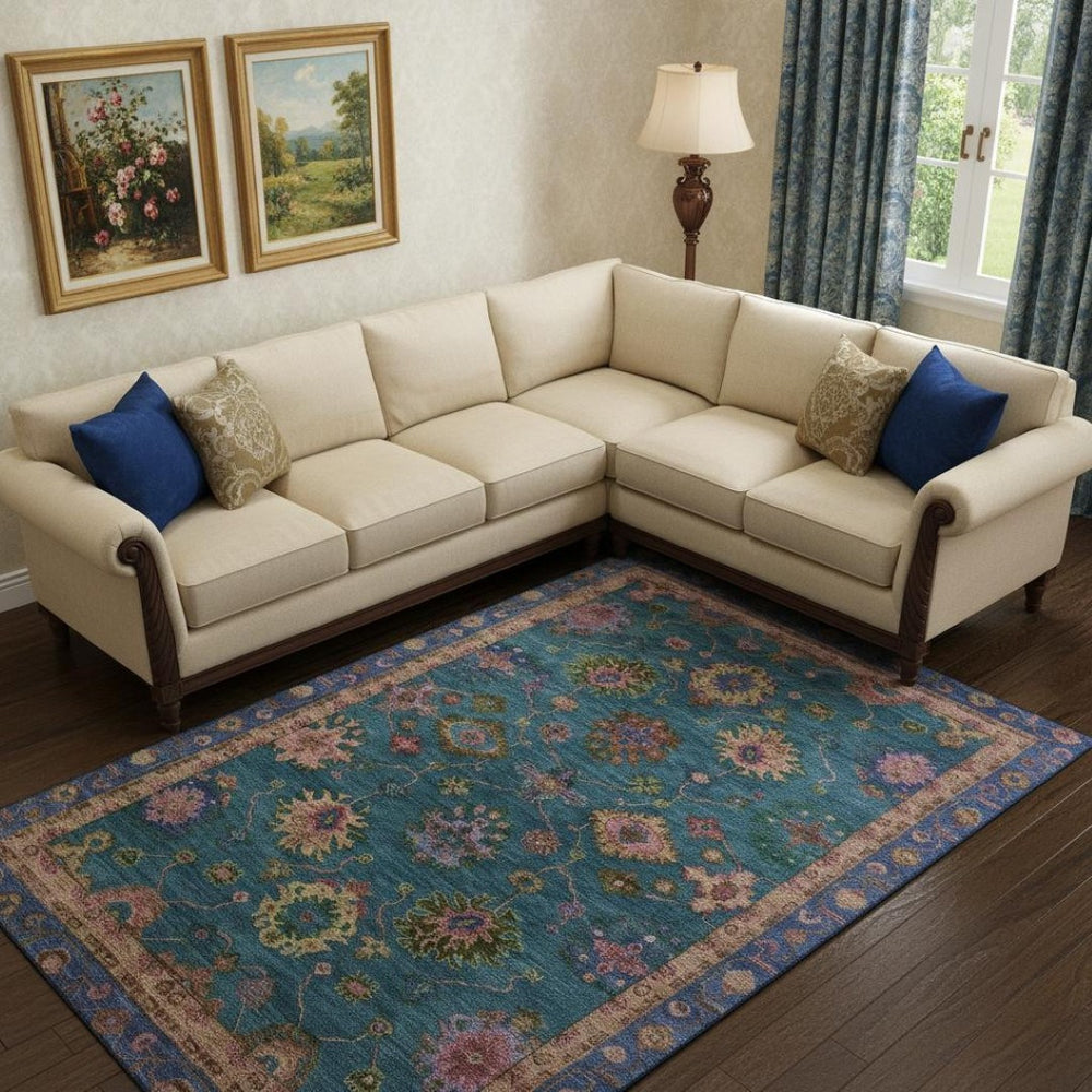 HomeRoots 9' X 12' Teal and Blush Oriental Area Rug – Stylish, Washable, UV-Protected, Perfect for Families! 716442