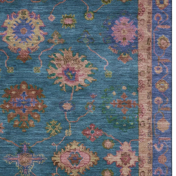 HomeRoots 10' X 14' Teal & Blush Oriental Area Rug - Washable, UV Protected, Durable for High-Traffic Homes 716443