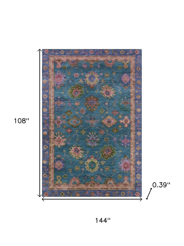 HomeRoots 10' X 14' Teal & Blush Oriental Area Rug - Washable, UV Protected, Durable for High-Traffic Homes 716443