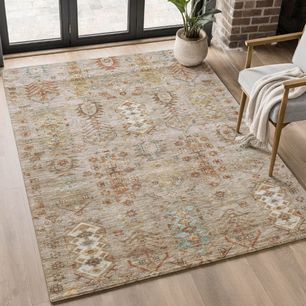 HomeRoots 5' X 8' Beige and Brown Southwestern Washable Area Rug – UV Protected, Stain Resistant, Easy Care! 716445