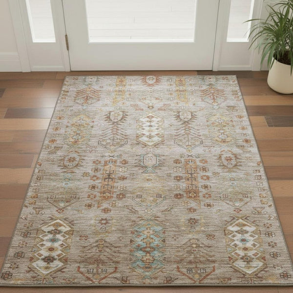 HomeRoots 5' X 8' Beige and Brown Southwestern Washable Area Rug – UV Protected, Stain Resistant, Easy Care! 716445