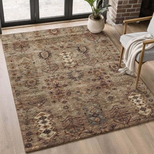 HomeRoots 9' X 12' Southwestern Washable Area Rug - Earthy Brown & Gray, UV Protected, Stain Resistant Style! 716454