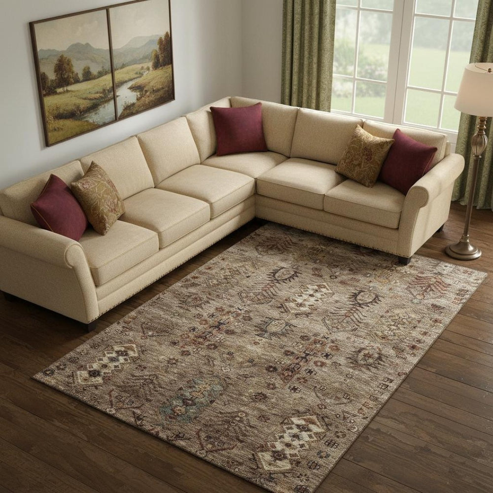 HomeRoots 10' Southwestern Area Rug - Brown & Gray, Washable, UV Protected, Stain Resistant, Durable Design for Homes 716455